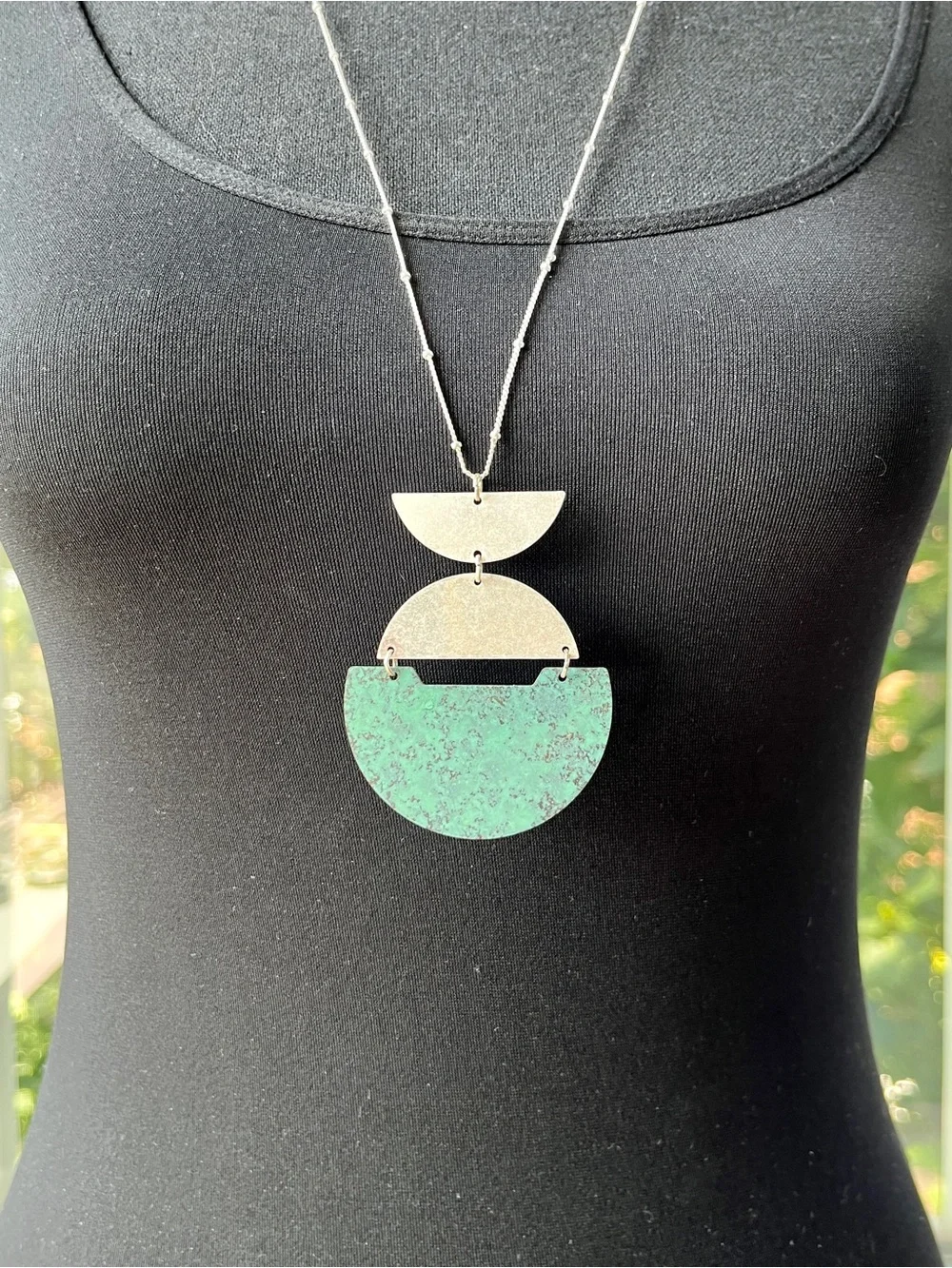 Verdigris Patina Geometric Pendant Necklace